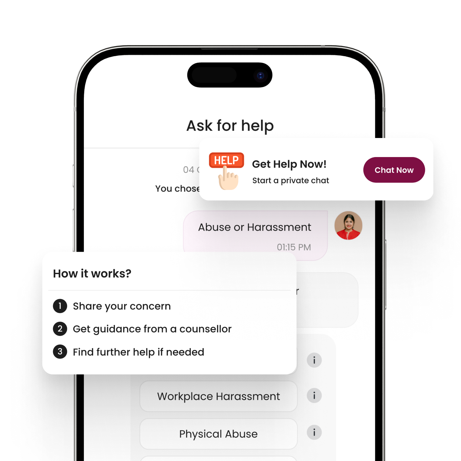 I'M SAFE Ask for Help screen with private counsellor chat