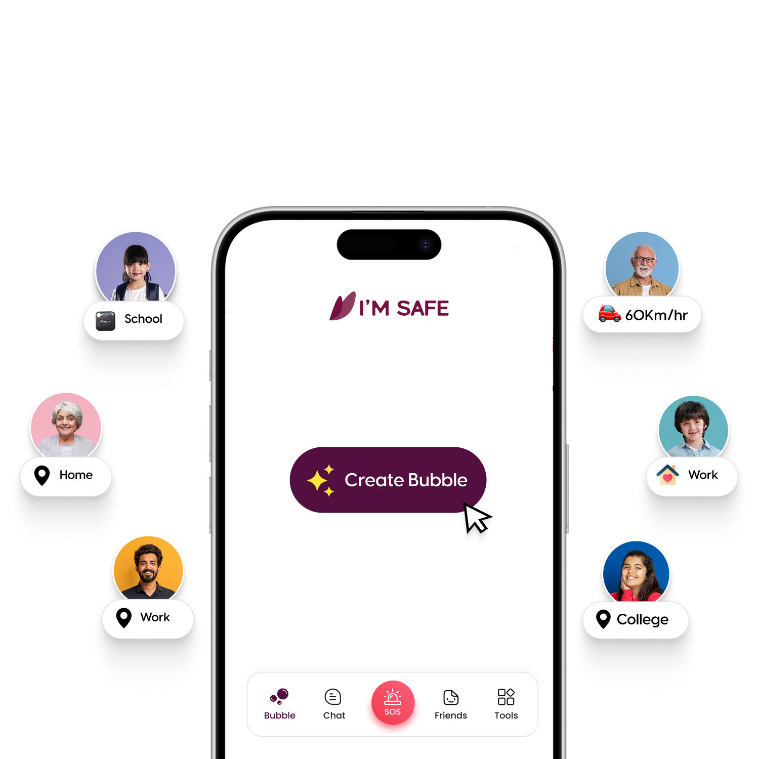 I'M SAFE Create a Bubble screen with contacts orbiting the phone and a Create Bubble call-to-action