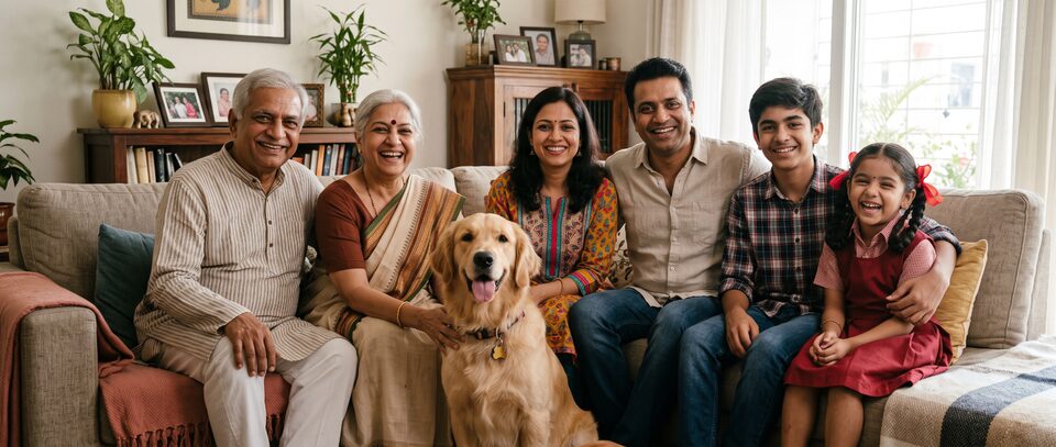 Multi-generational family sitting together at home