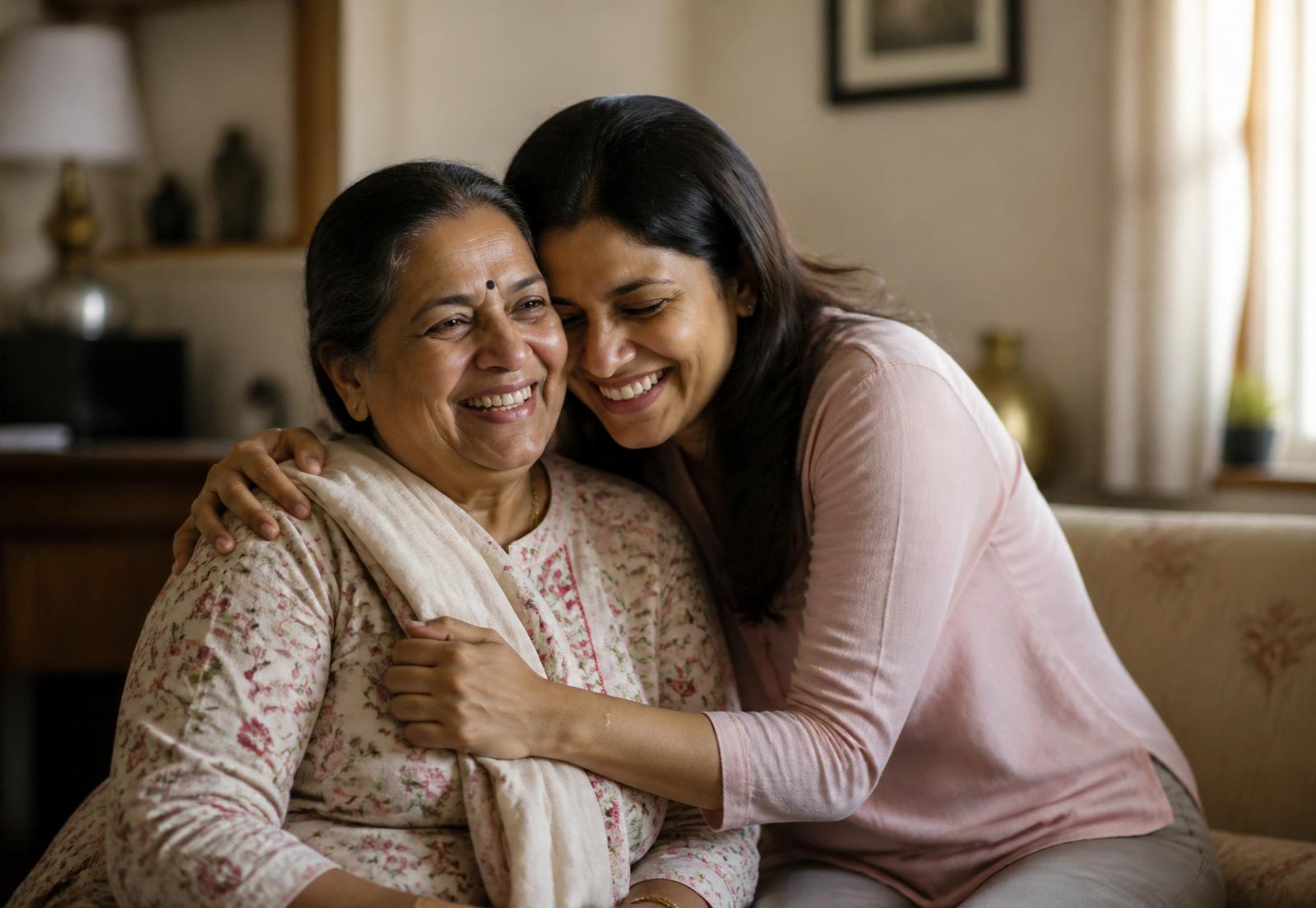 An adult and her elderly mother sharing a quiet moment at home