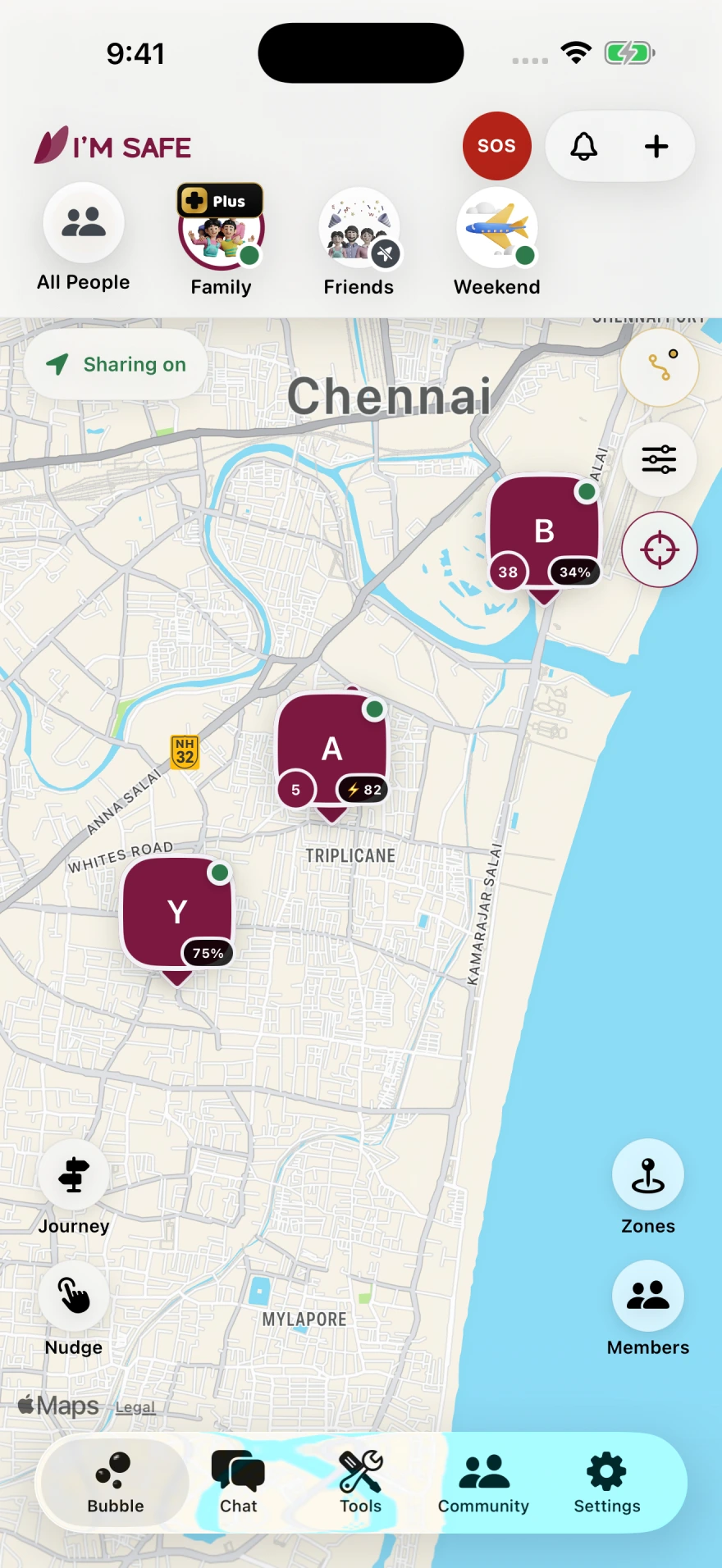 I’M SAFE Bubble map over Chennai with fictional groups and sample initial markers