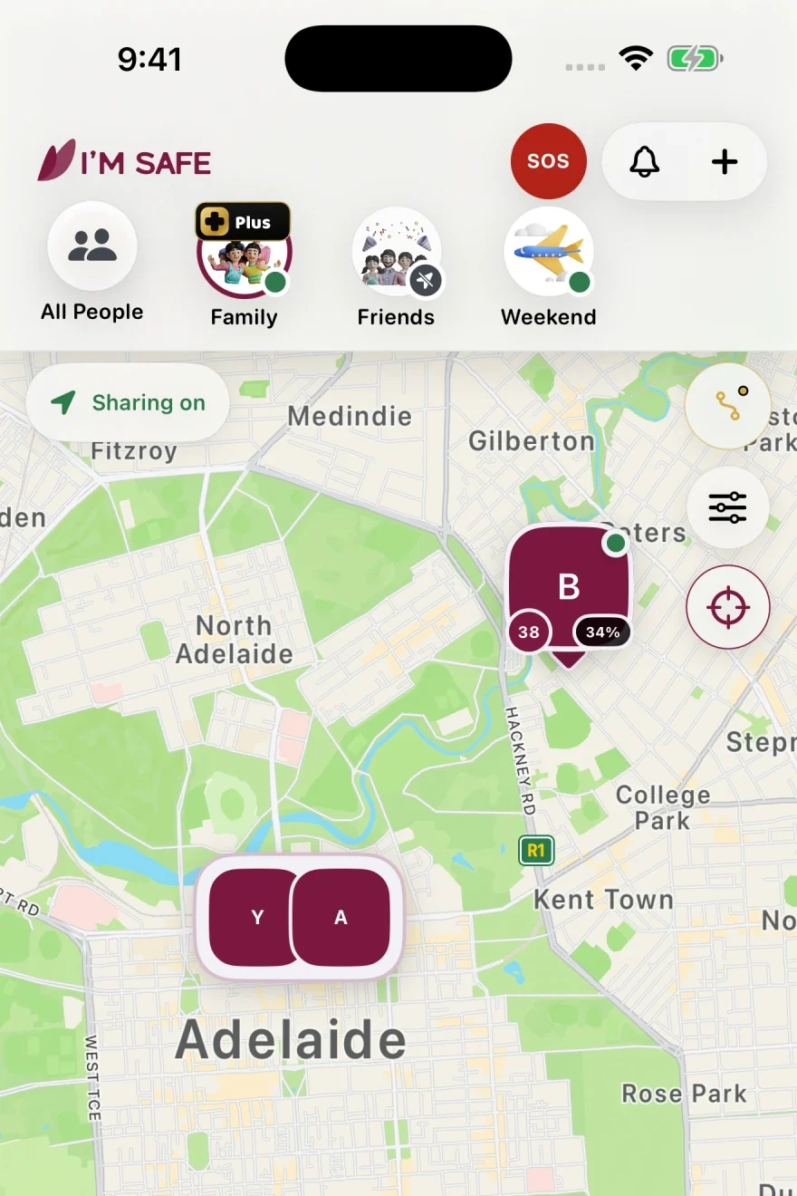 I’M SAFE Bubble map over Adelaide with fictional groups and sample initial markers