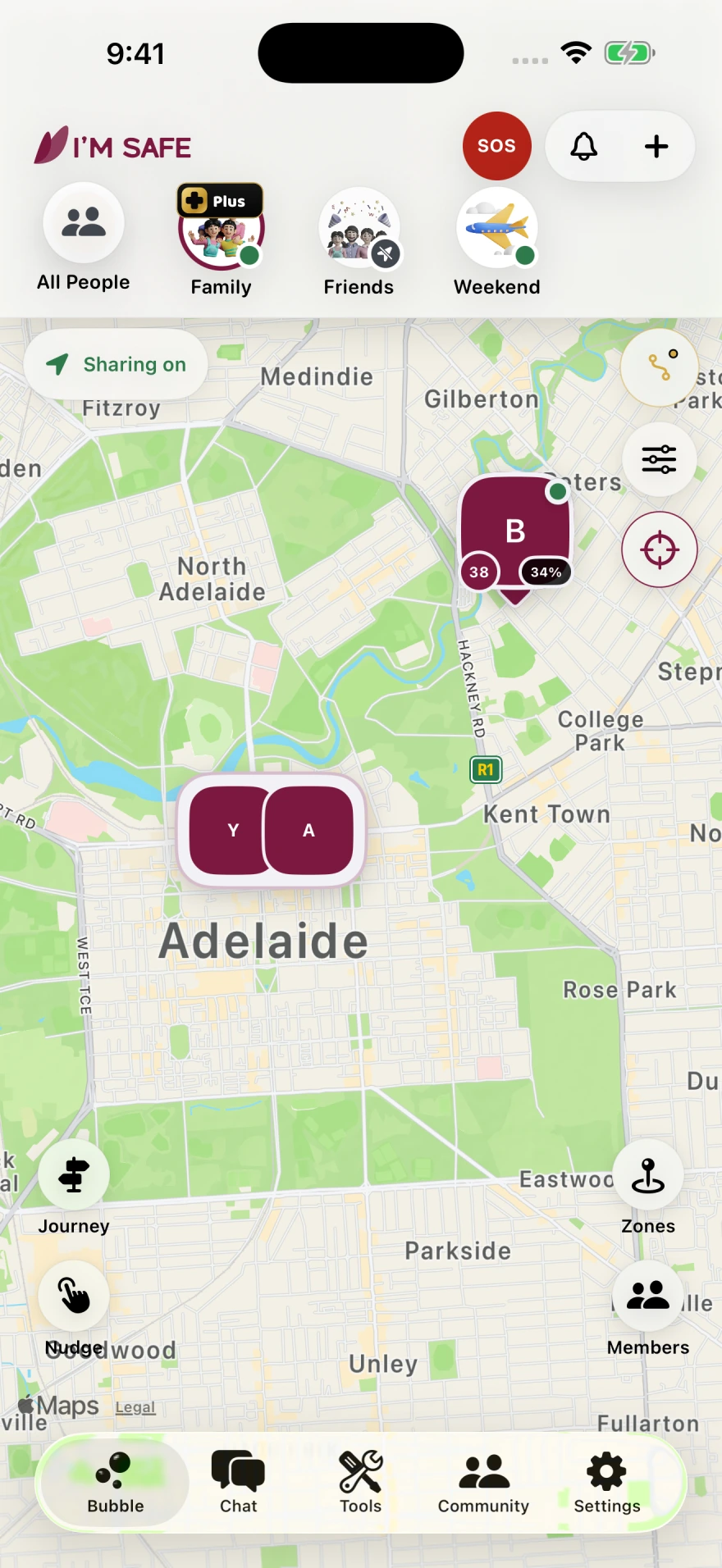 I’M SAFE Bubble map over Adelaide with fictional groups and sample initial markers