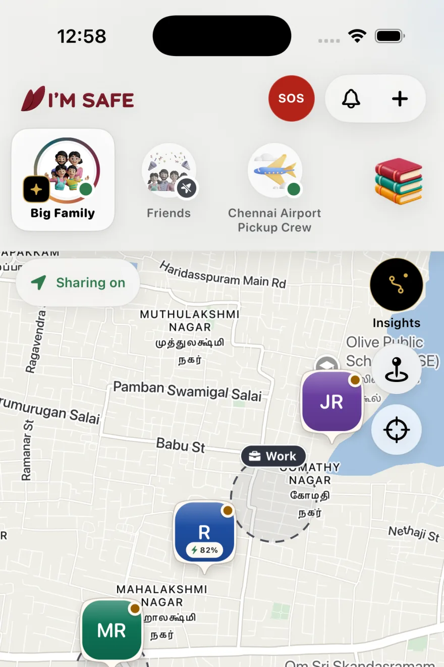 I’M SAFE Bubble map with a fictional family, sample initial markers and saved Home and Work Zones