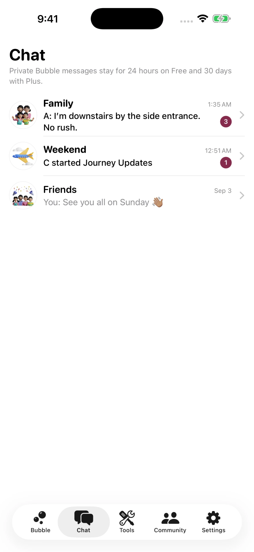 Build 101 private Bubble Chat list using fictional groups and initials