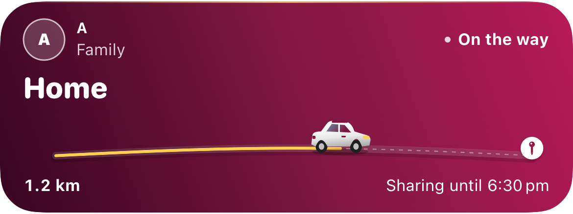 Native Journey Live Activity: sample member A, Family Bubble, Home, On the way, 1.2 km remaining, sharing until 6:30 PM