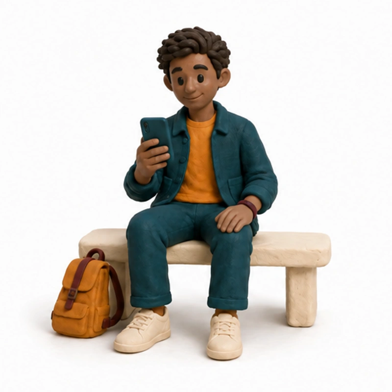 A clay character with a phone, seated beside a backpack