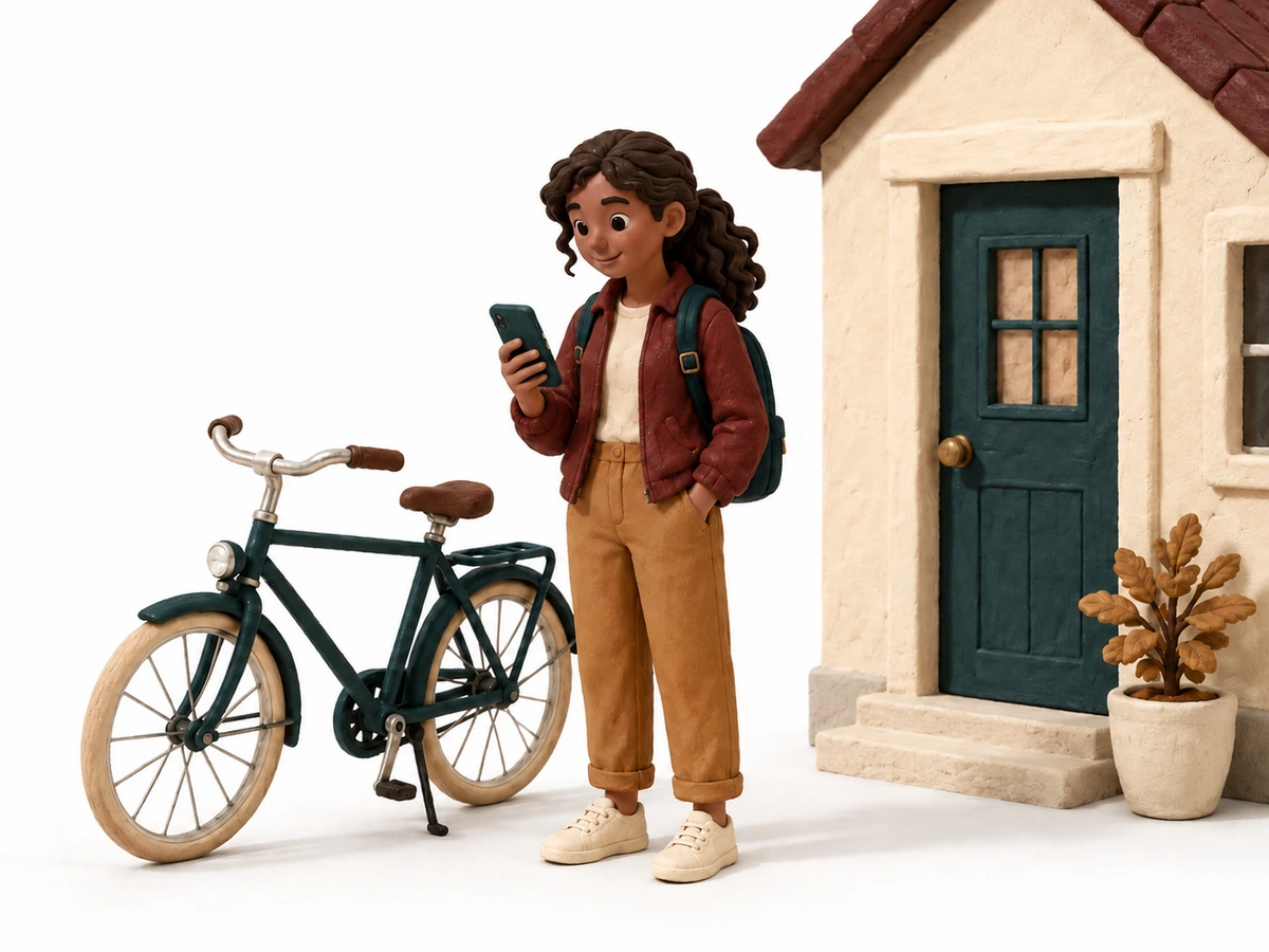 A clay cyclist arriving home and checking their phone