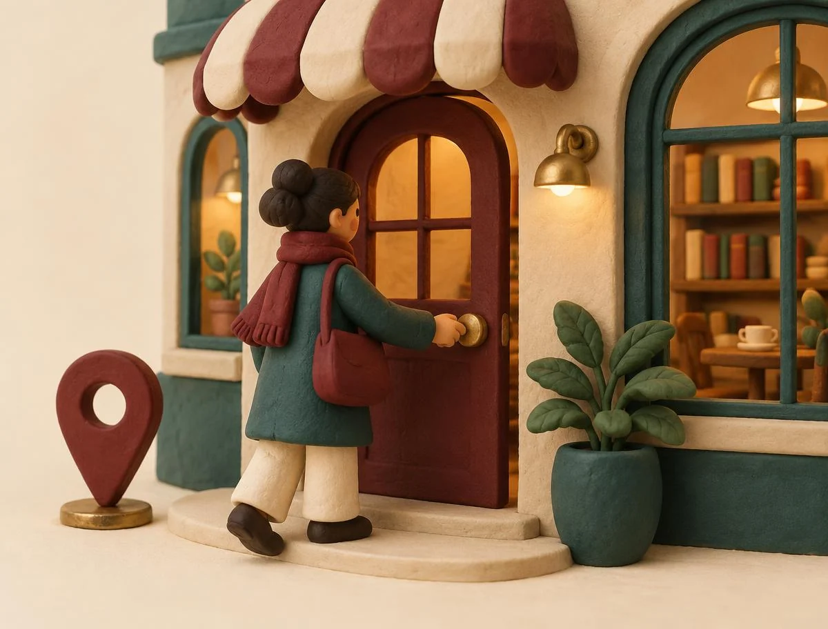 A handmade clay figure arriving at a familiar cafe doorway beside a small maroon clay location pin