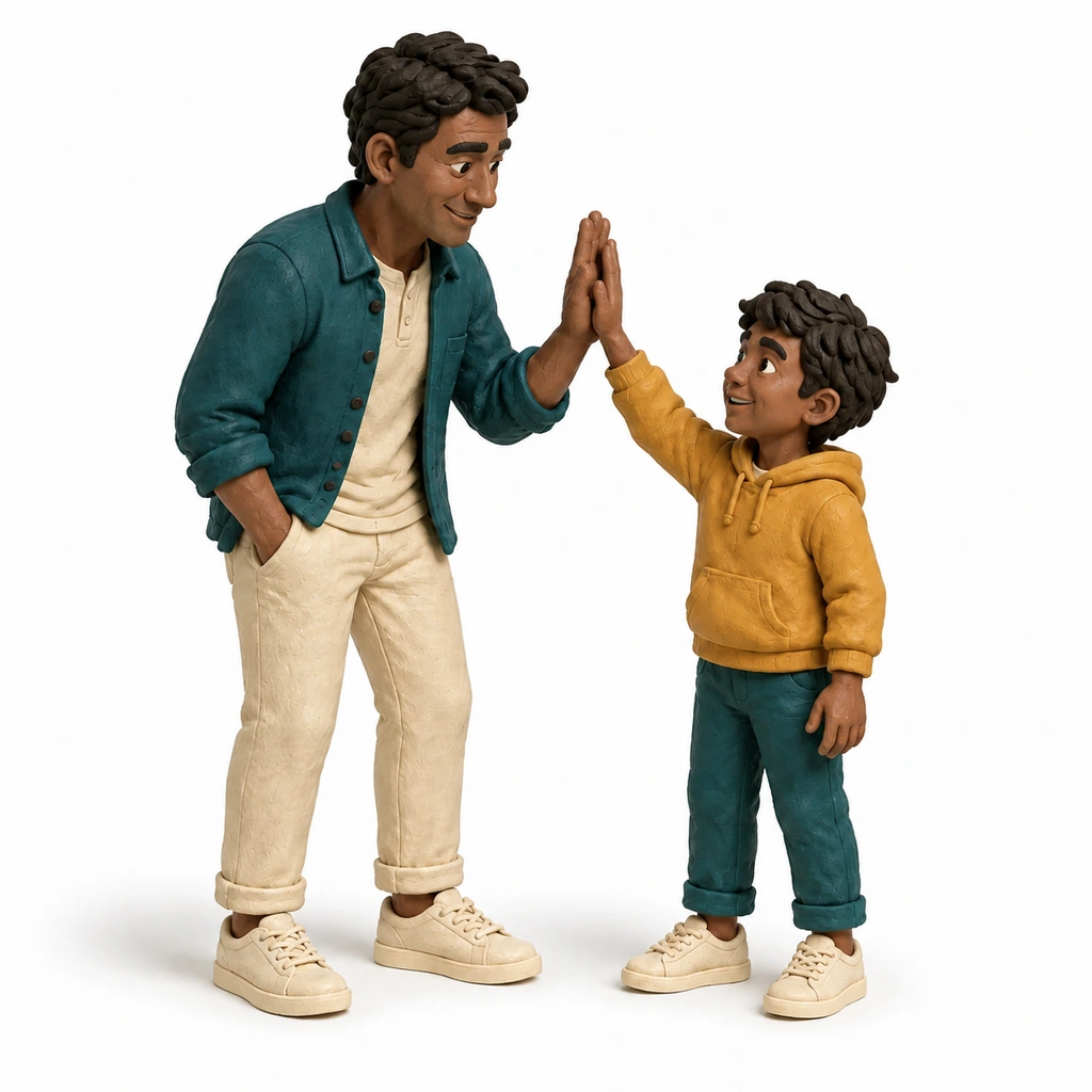 A clay parent and child sharing a happy high-five