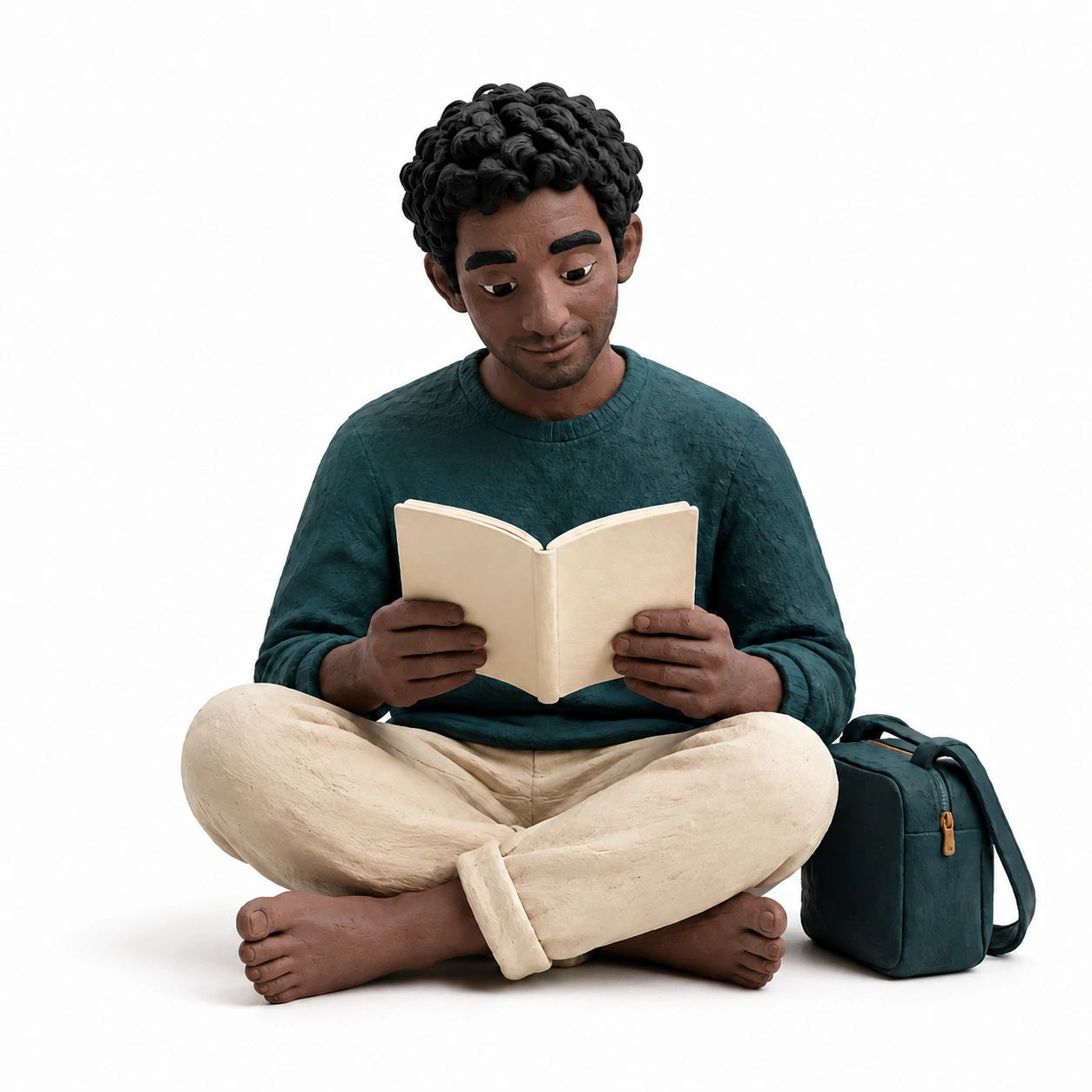 A clay adult reading a booklet beside an everyday bag