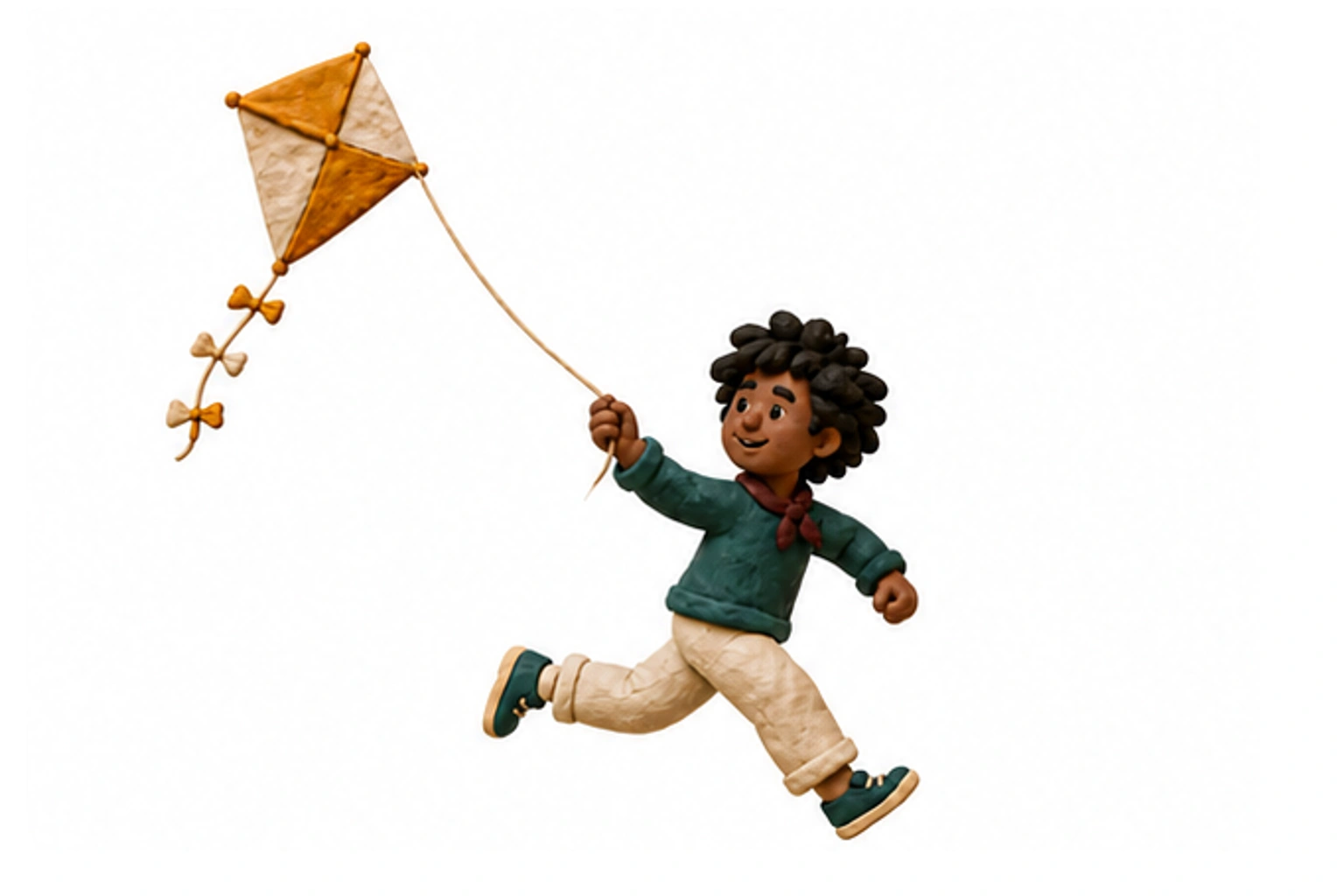 A fictional clay character running with a kite