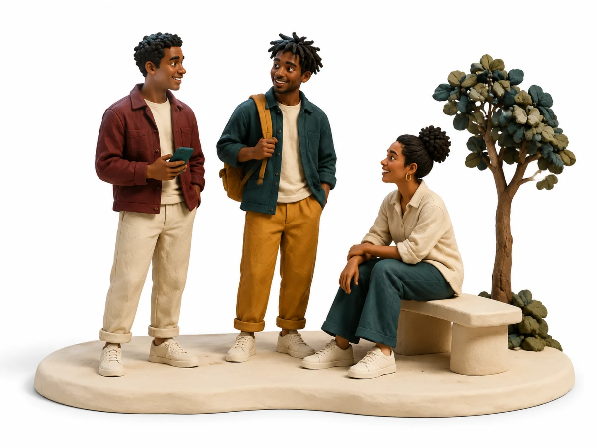 Three fictional clay friends spending time together