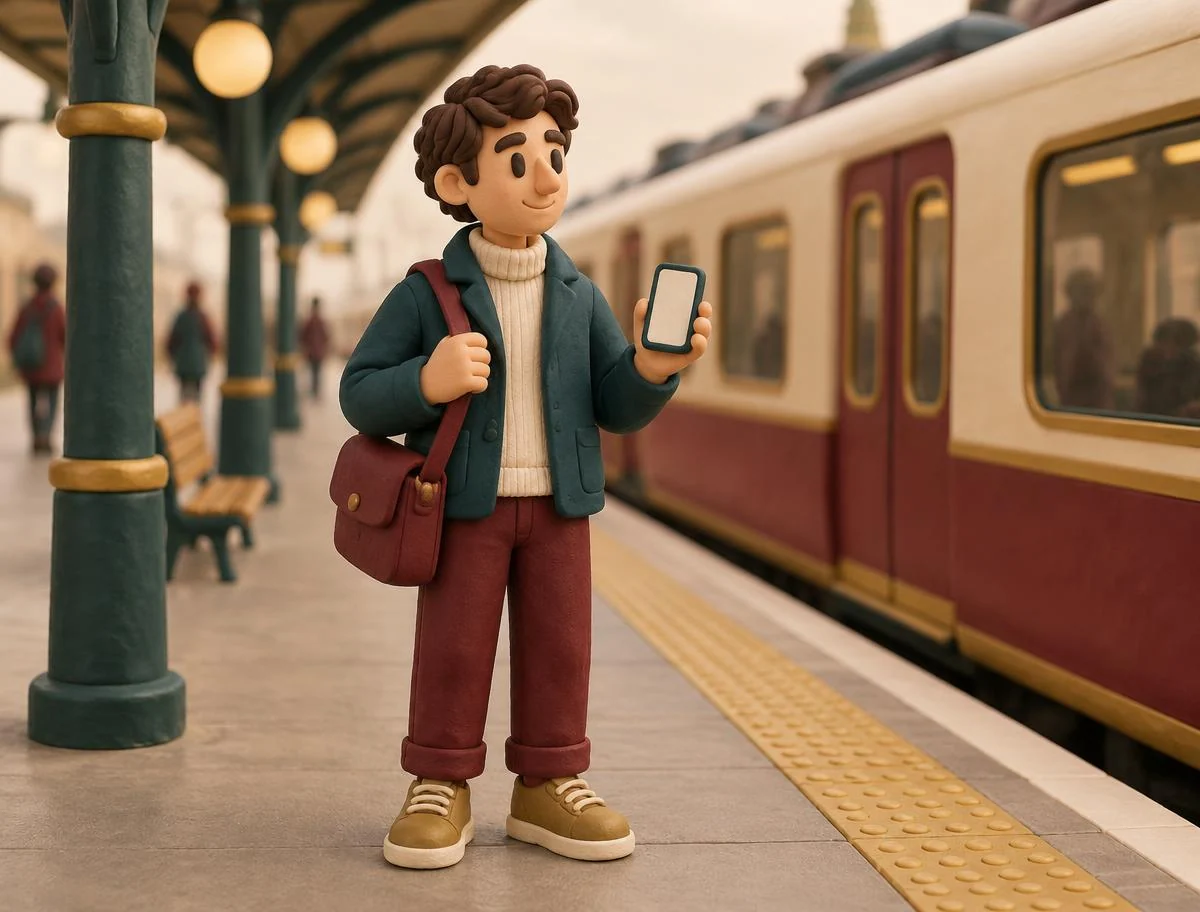 A handmade clay traveller waiting on a city train platform with a shoulder bag and a phone