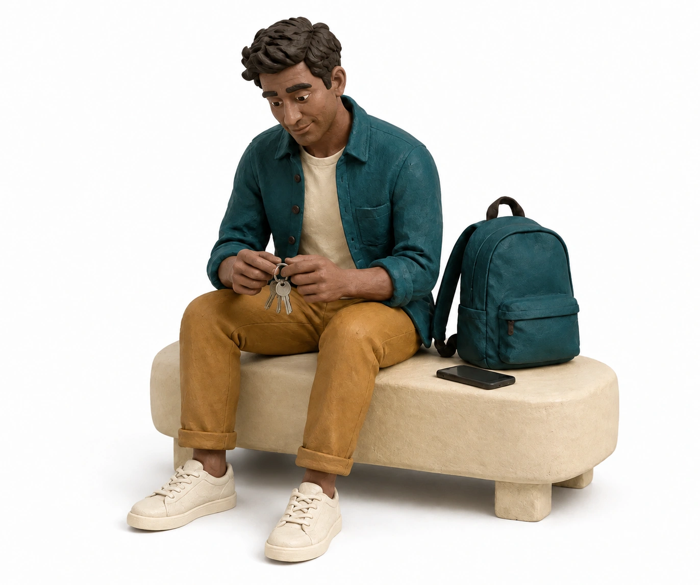 A clay character checking their everyday carry before heading out