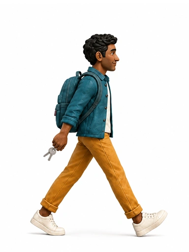 A smiling clay man walking ahead with keys and a backpack