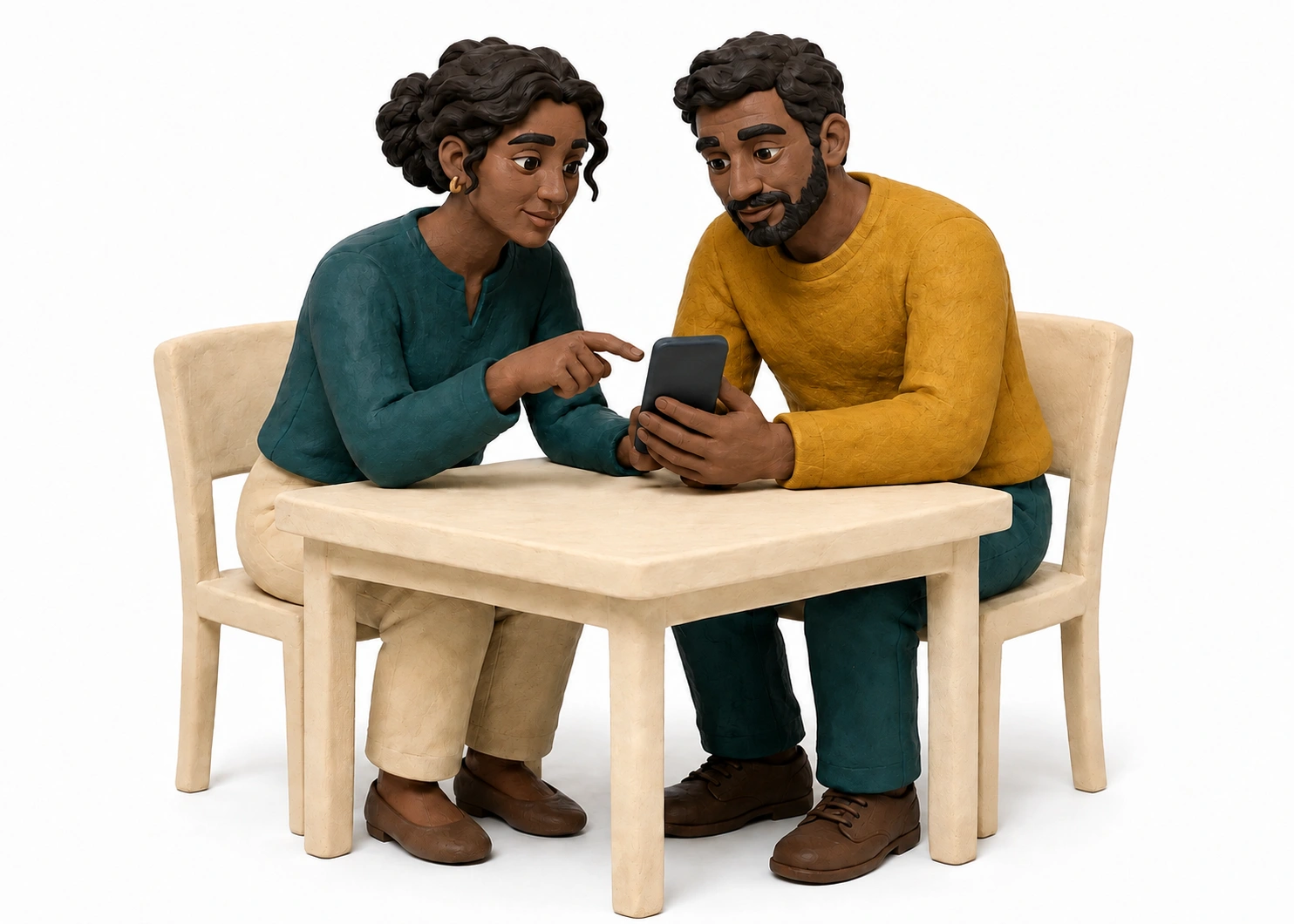 Two fictional clay adults helping each other use a phone